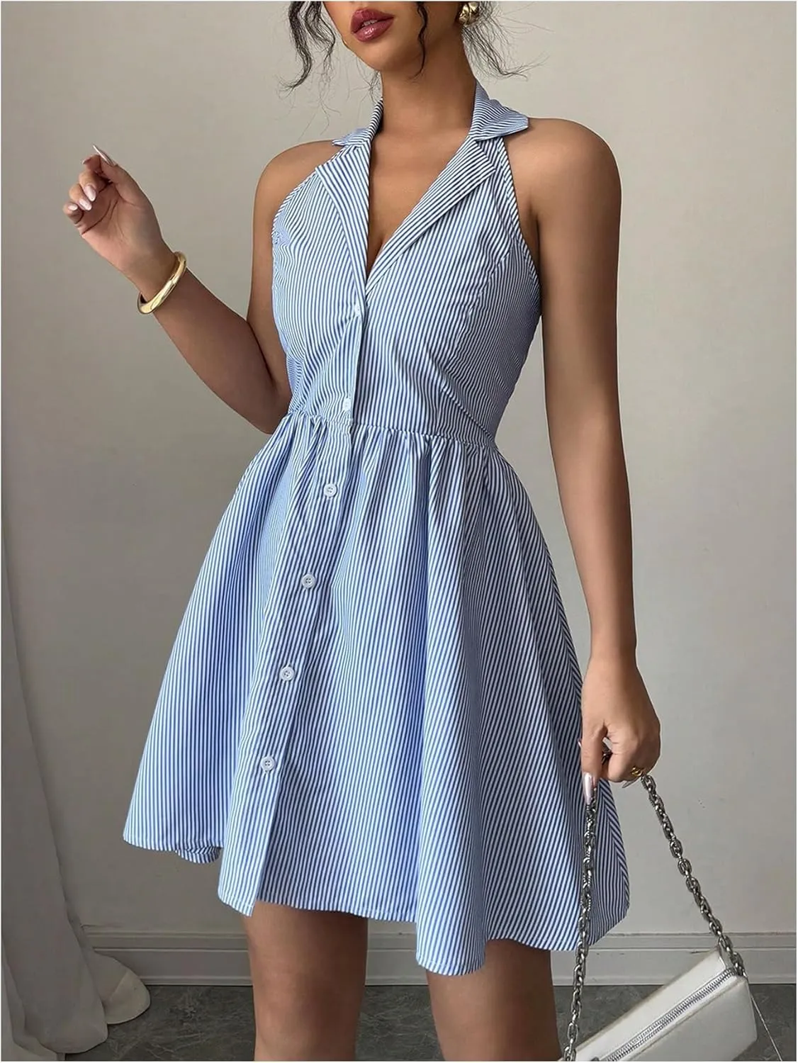 Floerns Women's Striped Halter Shirts Dress Collared Button Up Ruffle Hem Mini Dresses