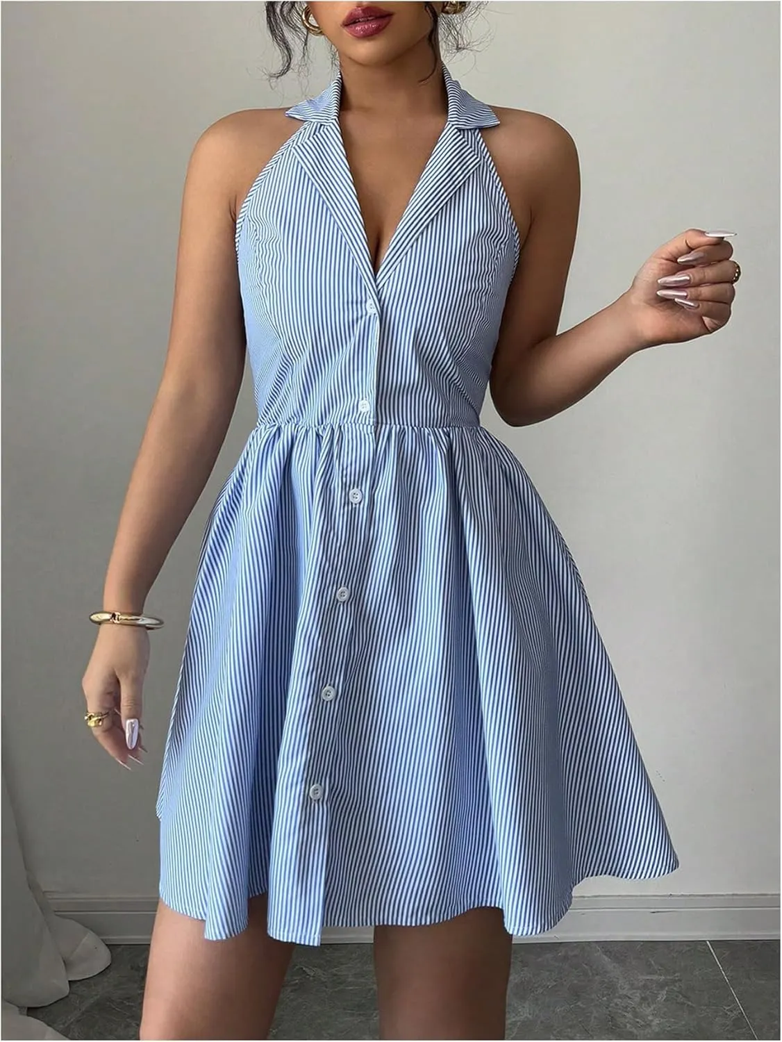 Floerns Women's Striped Halter Shirts Dress Collared Button Up Ruffle Hem Mini Dresses