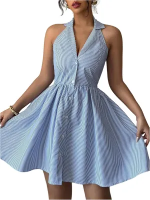 Floerns Women's Striped Halter Shirts Dress Collared Button Up Ruffle Hem Mini Dresses
