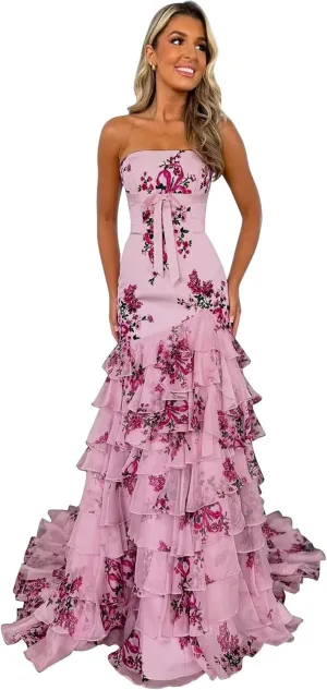 Floral Print Ruffles Prom Dresses Strapless Mermaid Chiffon Tiered Long Formal Evening Gown with Slit