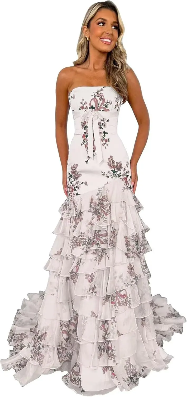 Floral Print Ruffles Prom Dresses Strapless Mermaid Chiffon Tiered Long Formal Evening Gown with Slit