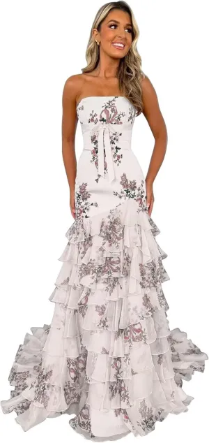 Floral Print Ruffles Prom Dresses Strapless Mermaid Chiffon Tiered Long Formal Evening Gown with Slit
