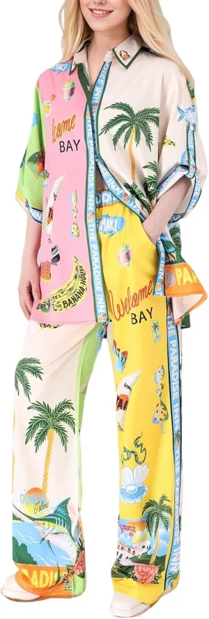 FOTN Womens Lounge Sets 2 Piece Outfit 2025 Summer Vacation Beach Button Down Shirt and Wide Leg Pant Matching Set Loose Fit (Palm, XX-Large)