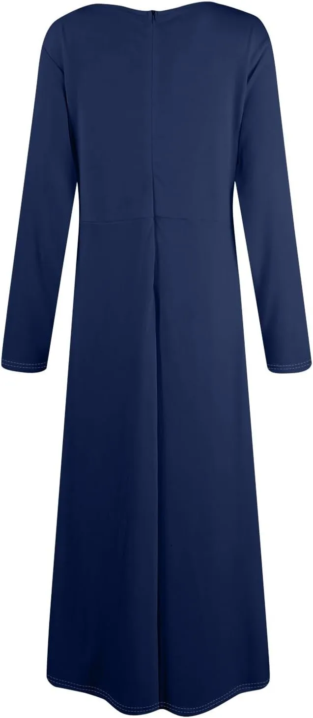 FQZWONG Plus Size Dresses for Curvy Women 2025 Spring Fashion Long Sleeve Maxi Dress Elegant Crewneck Beach Dress with Belt