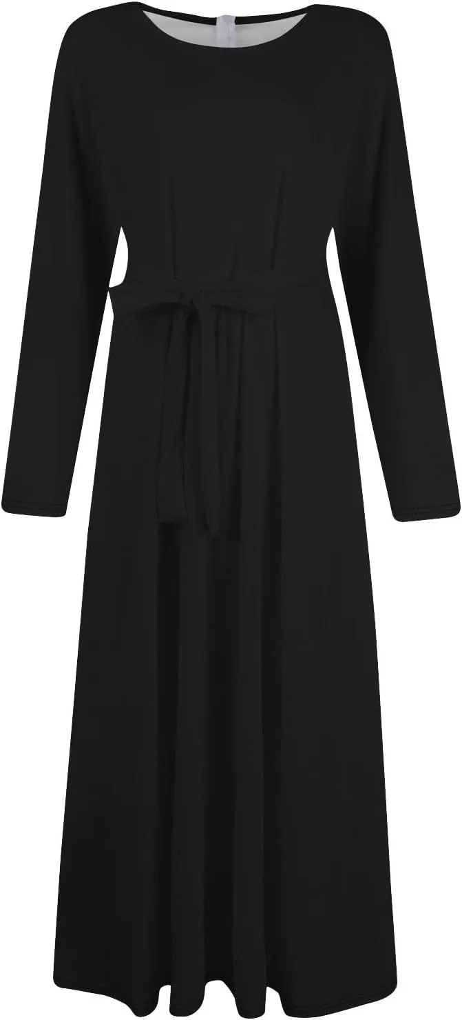 FQZWONG Plus Size Dresses for Curvy Women 2025 Spring Fashion Long Sleeve Maxi Dress Elegant Crewneck Beach Dress with Belt