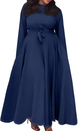 FQZWONG Plus Size Dresses for Curvy Women 2025 Spring Fashion Long Sleeve Maxi Dress Elegant Crewneck Beach Dress with Belt