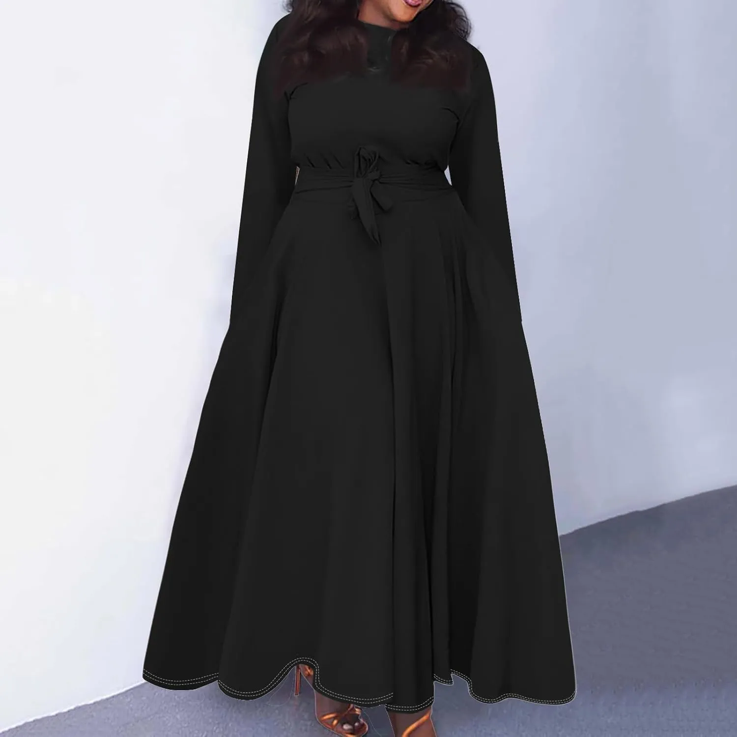 FQZWONG Plus Size Dresses for Curvy Women 2025 Spring Fashion Long Sleeve Maxi Dress Elegant Crewneck Beach Dress with Belt