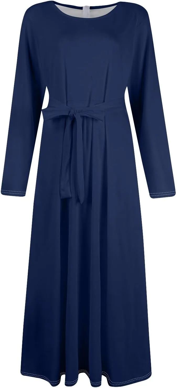 FQZWONG Plus Size Dresses for Curvy Women 2025 Spring Fashion Long Sleeve Maxi Dress Elegant Crewneck Beach Dress with Belt