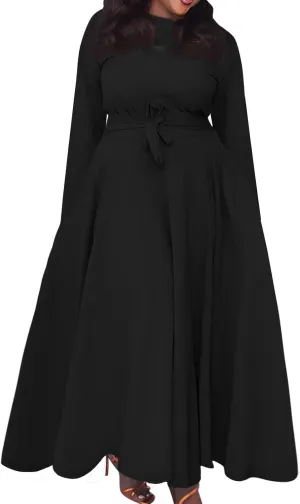 FQZWONG Plus Size Dresses for Curvy Women 2025 Spring Fashion Long Sleeve Maxi Dress Elegant Crewneck Beach Dress with Belt
