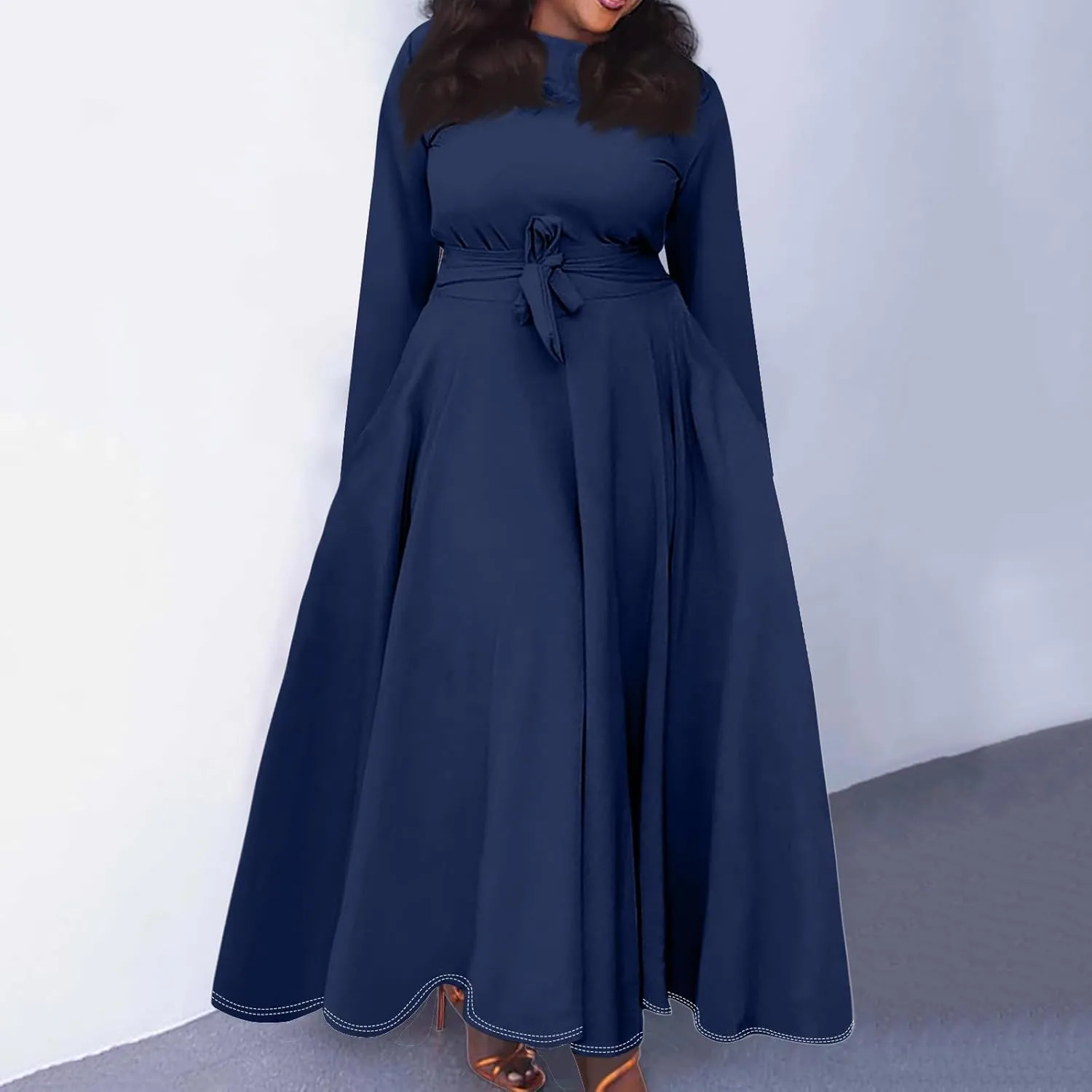 FQZWONG Plus Size Dresses for Curvy Women 2025 Spring Fashion Long Sleeve Maxi Dress Elegant Crewneck Beach Dress with Belt
