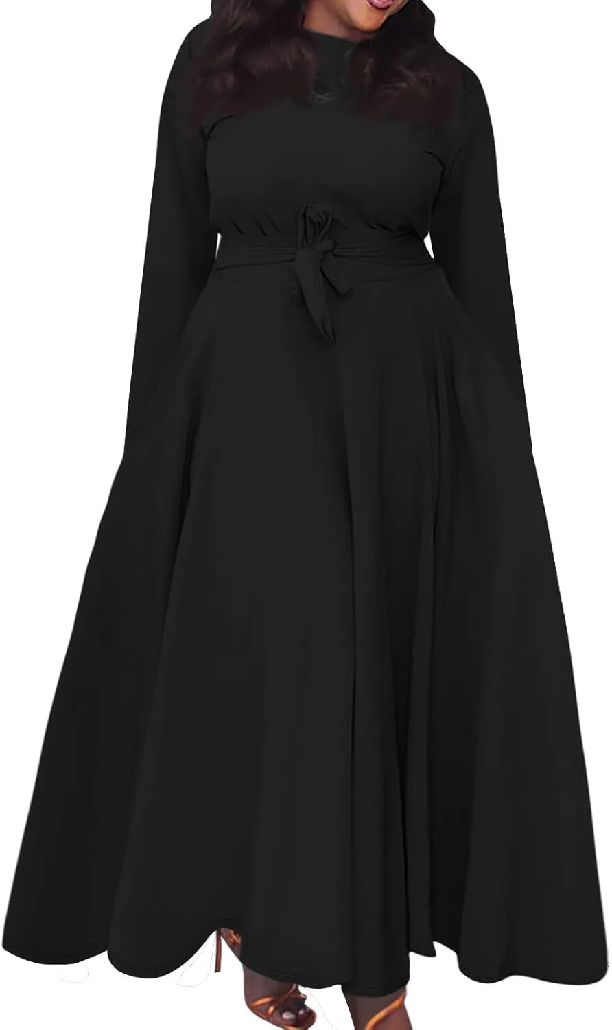 FQZWONG Plus Size Dresses for Curvy Women 2025 Spring Fashion Long Sleeve Maxi Dress Elegant Crewneck Beach Dress with Belt