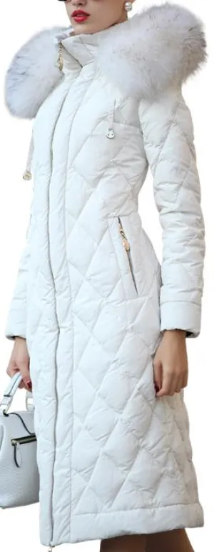 Fur-Hooded Puffer Down Coat in White
