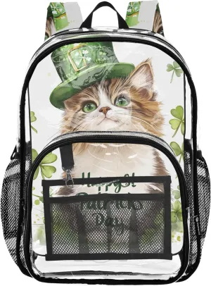 Girls Backpack for Kids Cute Cat St Patrick Shamrock Travel Clear Bags for Women Pvc School Plastic Bookbag