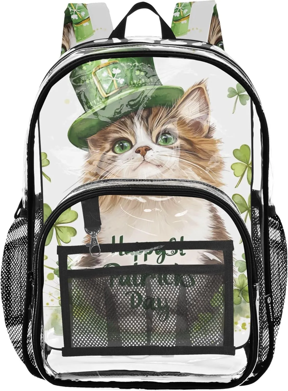 Girls Backpack for Kids Cute Cat St Patrick Shamrock Travel Clear Bags for Women Pvc School Plastic Bookbag