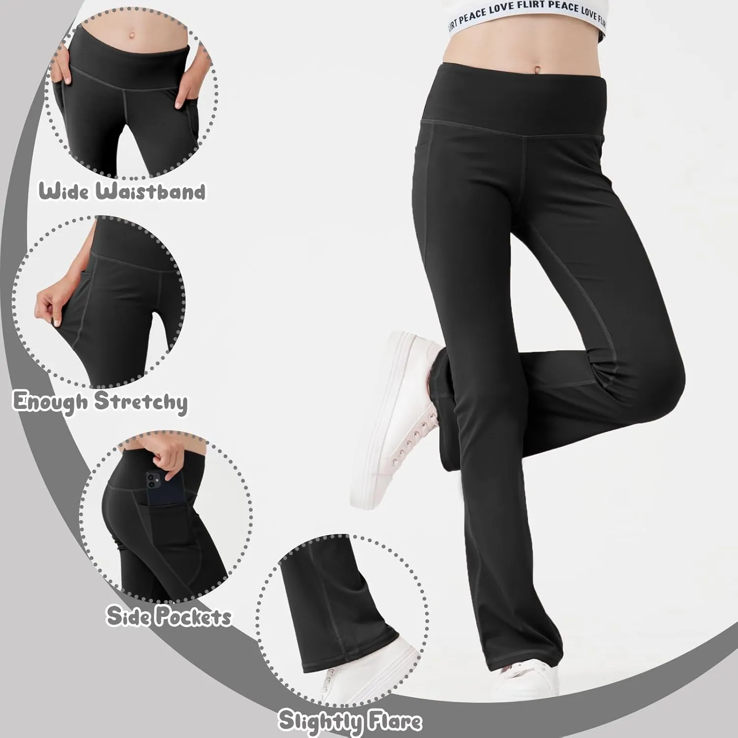 Girls Flare Leggings Bootcut Yoga Pants for Youth with Pocket Bell Bottom High Waist Athletic Workout Tights 3 Pack