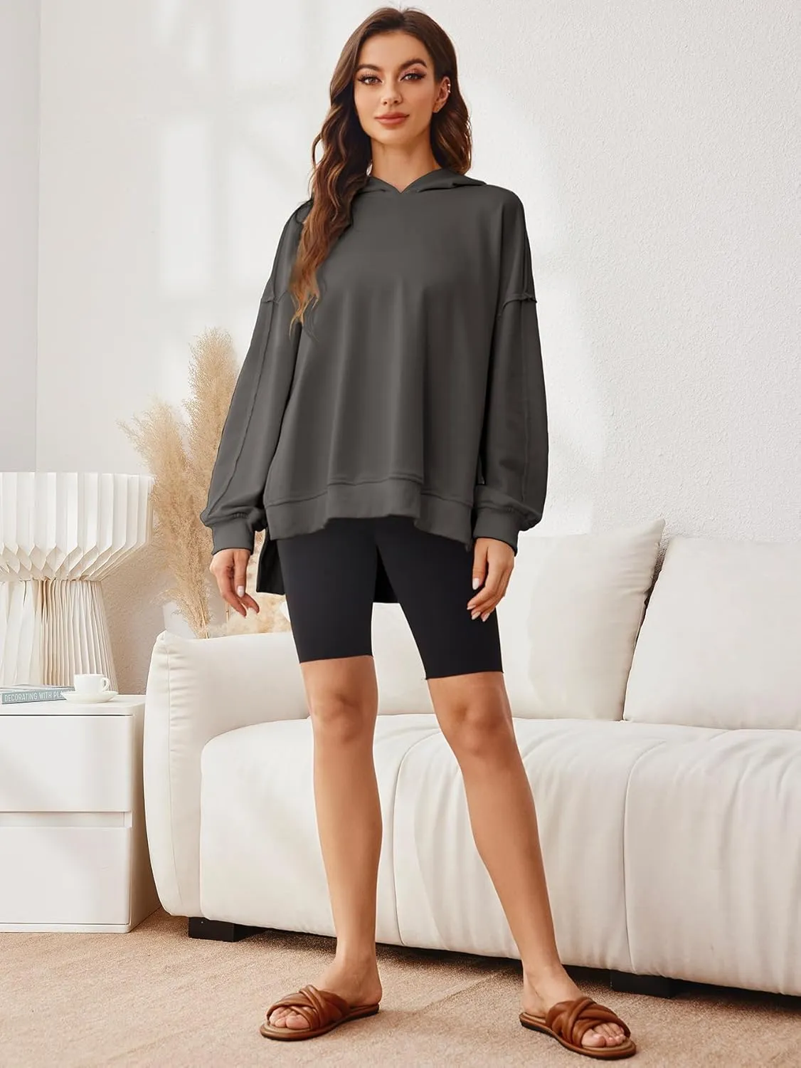 Glamaker Women's Oversized Hoodies Side Slit Zip Up Pullover Sweatshirt Casual Long Sleeve High Low Fall Clothes Top Shirts