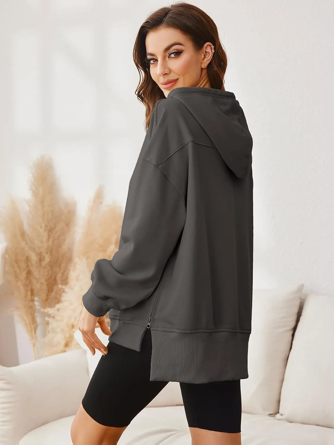 Glamaker Women's Oversized Hoodies Side Slit Zip Up Pullover Sweatshirt Casual Long Sleeve High Low Fall Clothes Top Shirts