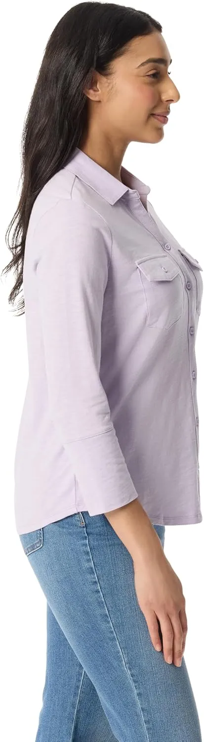 Gloria Vanderbilt Women's Ashten 3/4 Sleeve Button Down Shirt with Curved Hem Standard