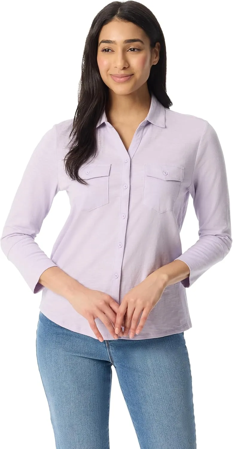 Gloria Vanderbilt Women's Ashten 3/4 Sleeve Button Down Shirt with Curved Hem Standard