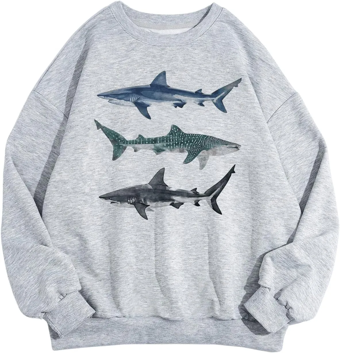 GORGLITTER Women's Shark Graphic Crewneck Sweatshirts Casual Long Sleeve Loose Oversized Pullover Sweatshirt