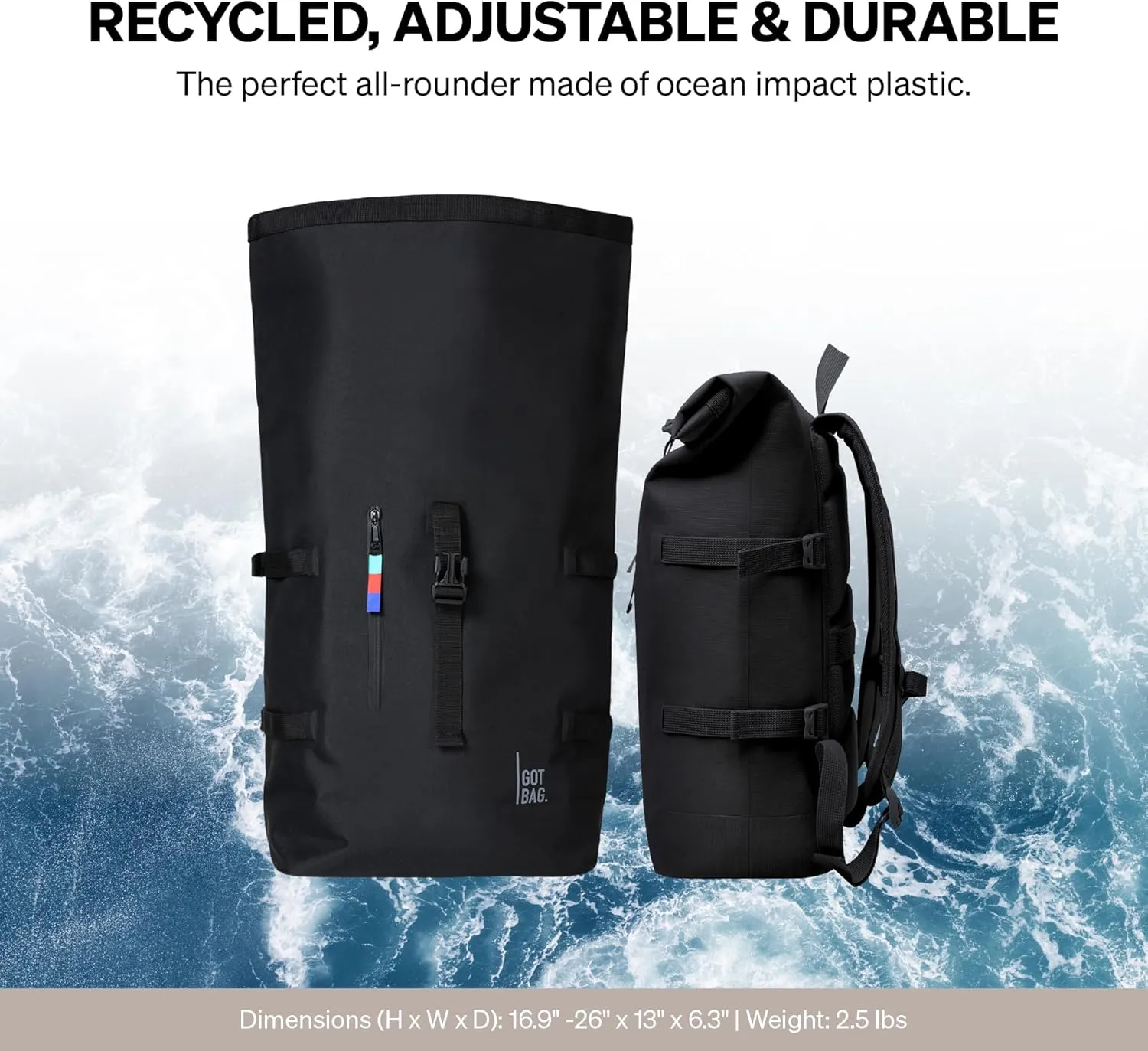 GOT BAG - ROLLTOP Backpack, Hiking & Travel with a 15 Laptop Sleeve, Eco-Conscious Bag Made of Recycled Ocean Impact Plastic (Algae Color)