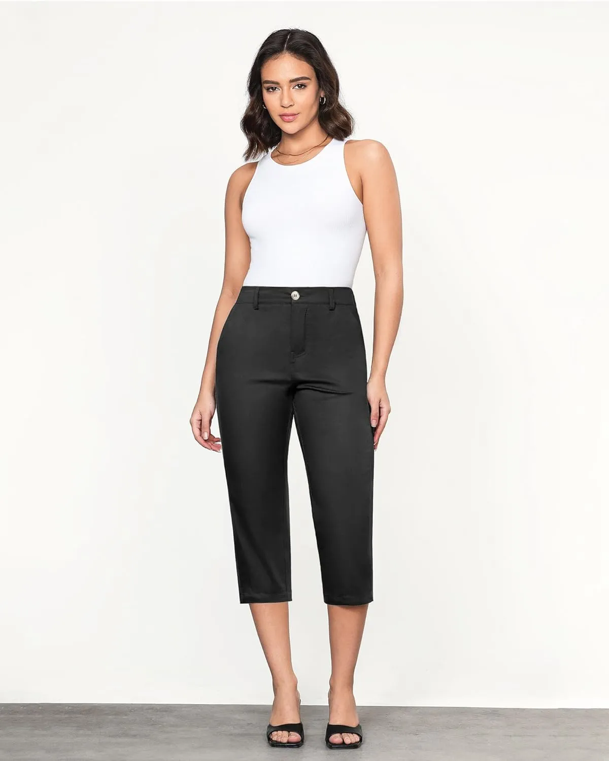GRAPENT Capri Pants for Women Summer High Waisted Cotton Elastic Waist Dressy Casual Office Work Capris Trousers Pants