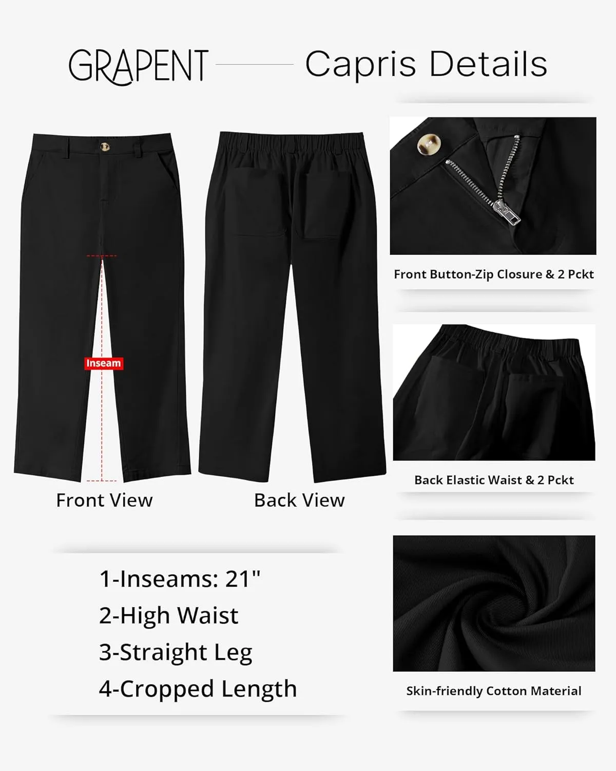 GRAPENT Capri Pants for Women Summer High Waisted Cotton Elastic Waist Dressy Casual Office Work Capris Trousers Pants