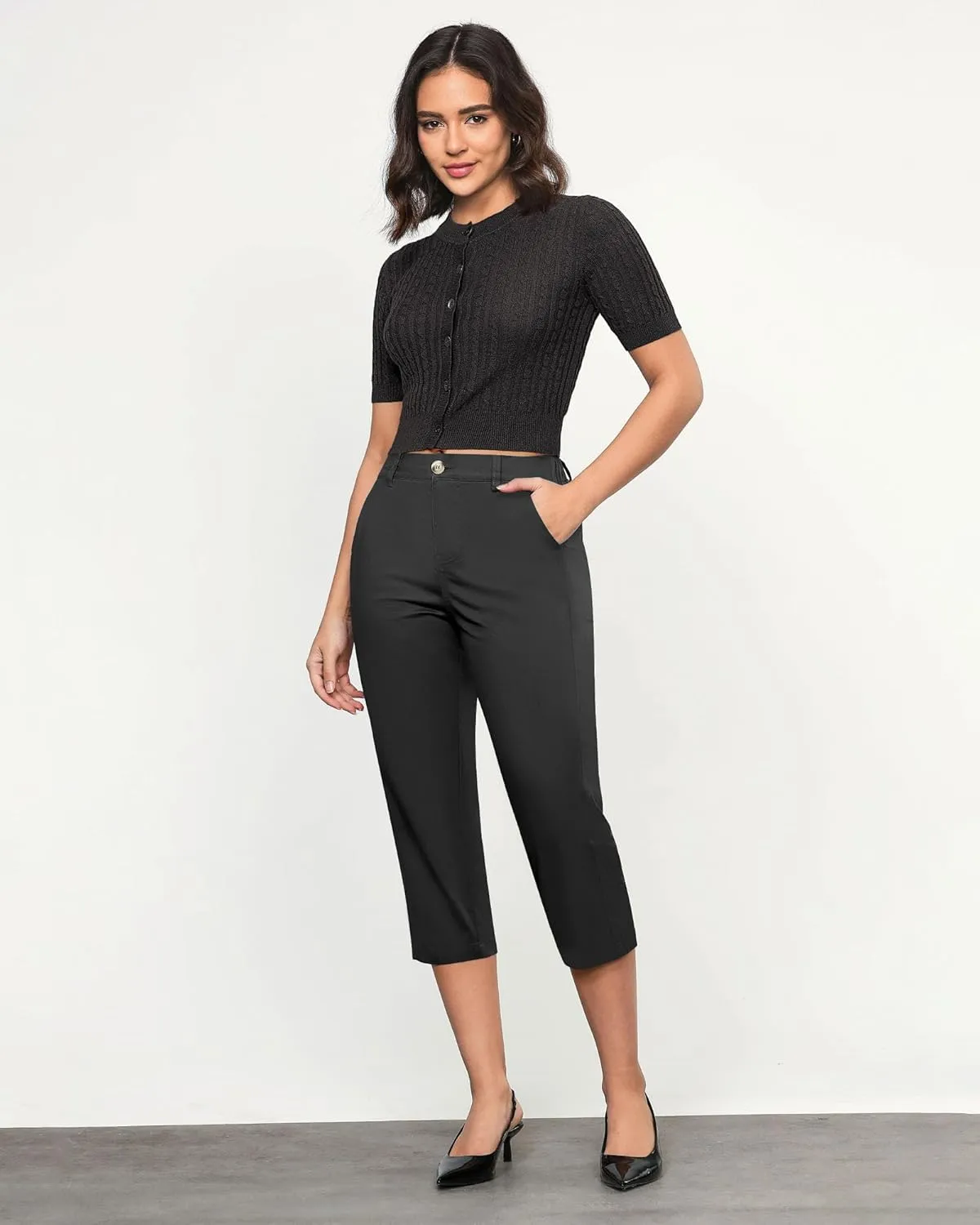 GRAPENT Capri Pants for Women Summer High Waisted Cotton Elastic Waist Dressy Casual Office Work Capris Trousers Pants