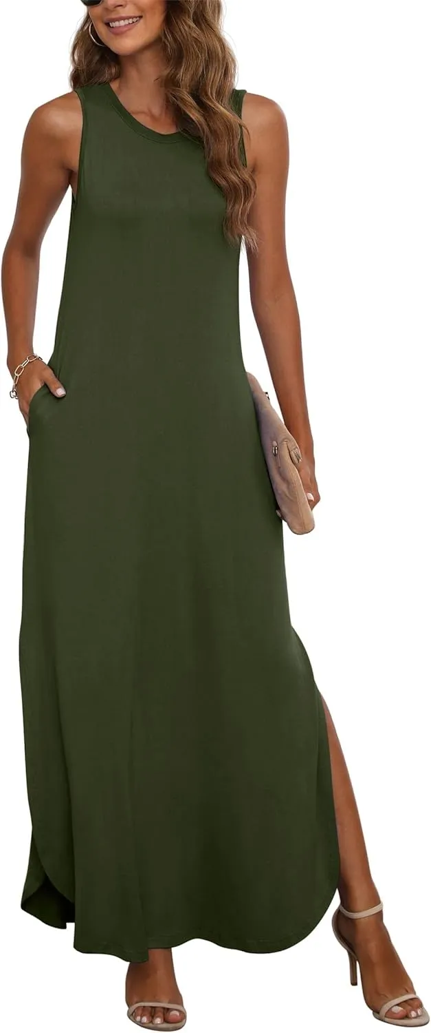 GRECERELLE Women's Summer Sleeveless Casual Long Dresses Split Maxi Dress with Pockets