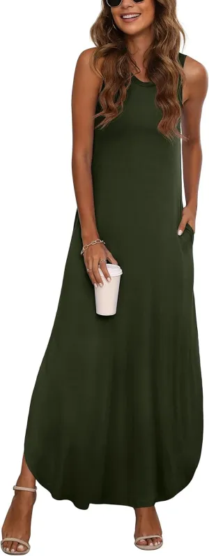GRECERELLE Women's Summer Sleeveless Casual Long Dresses Split Maxi Dress with Pockets