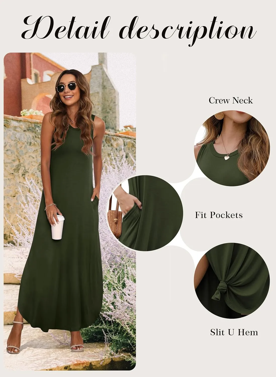 GRECERELLE Women's Summer Sleeveless Casual Long Dresses Split Maxi Dress with Pockets