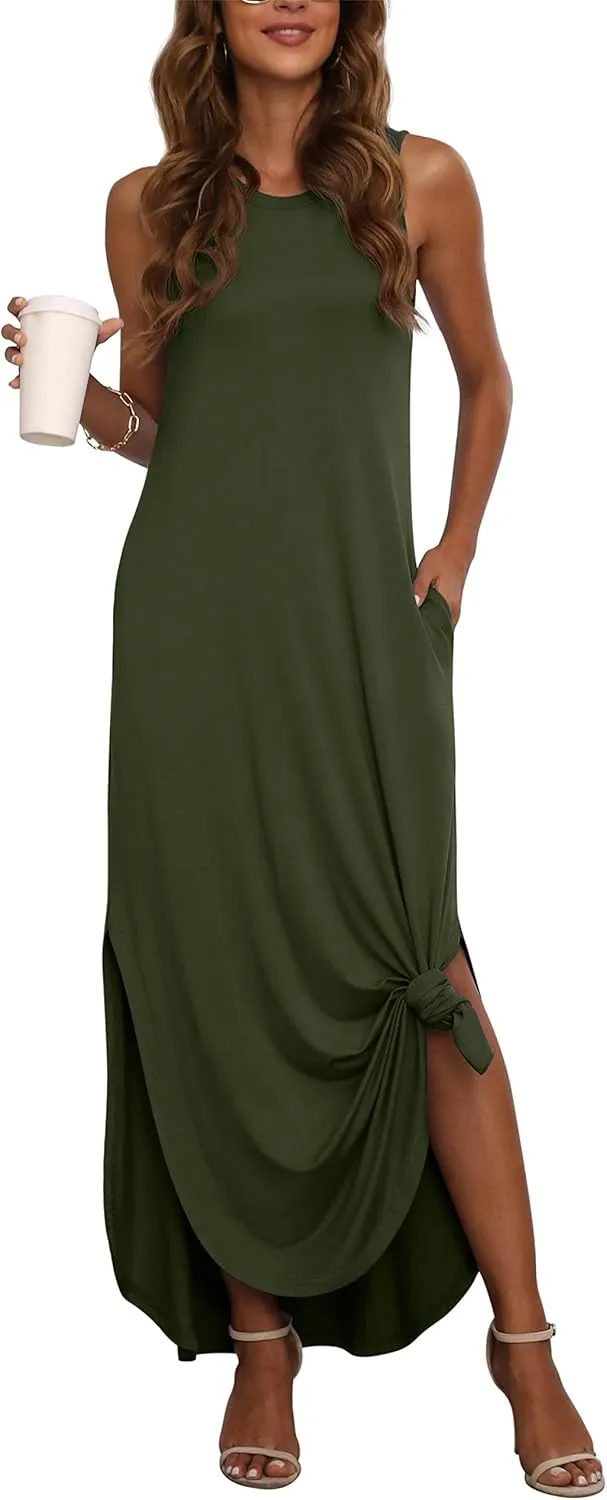 GRECERELLE Women's Summer Sleeveless Casual Long Dresses Split Maxi Dress with Pockets