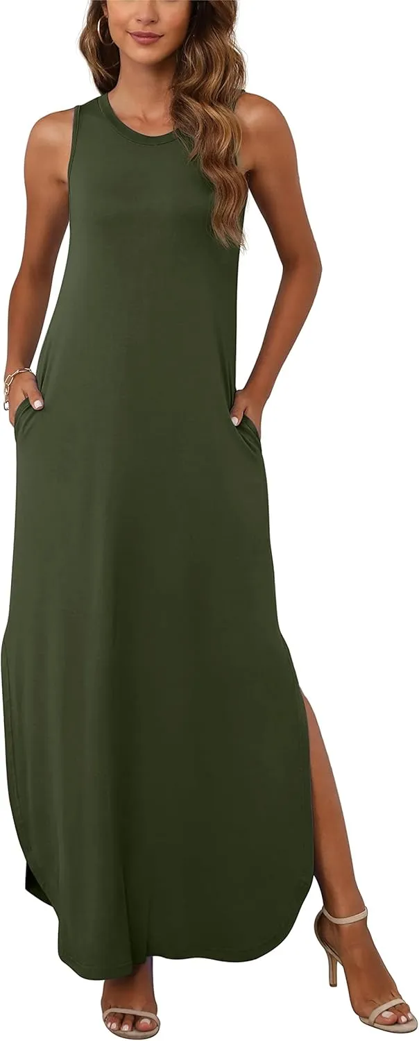 GRECERELLE Women's Summer Sleeveless Casual Long Dresses Split Maxi Dress with Pockets
