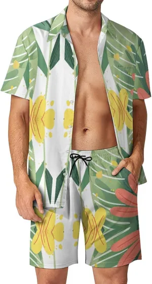 Green Leaves And Cat Mens Swimsuit 2 Pieces Set Quick Dry Shorts Shirts Summer Button Down Short Sleeve Set