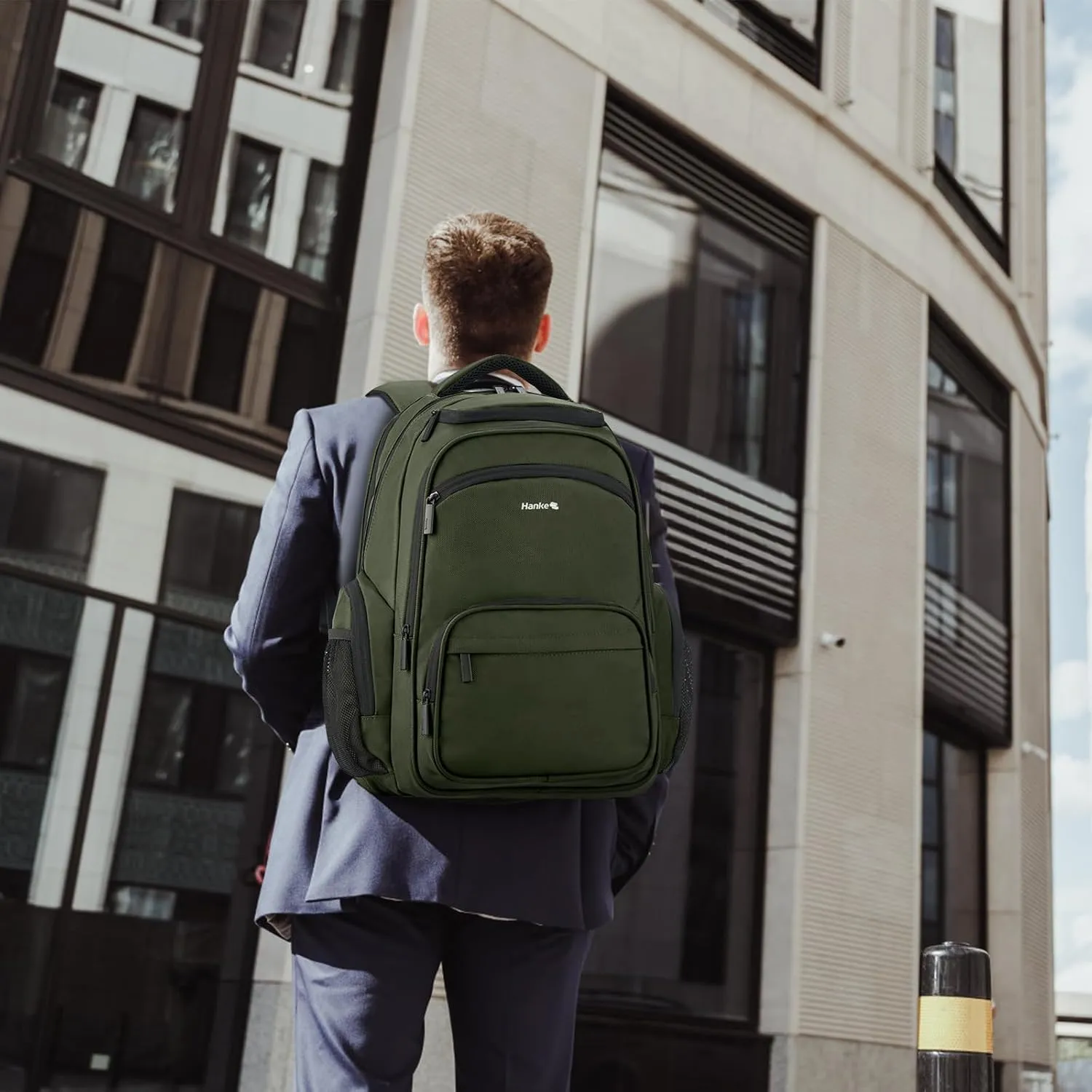 Hanke 18 Inch Travel Laptop Backpack for Women Men, Carry On Bags for Airplanes 18x14x8 Inches Travel Bag Personal Item Backpack with Luggage Strap(Army Green)