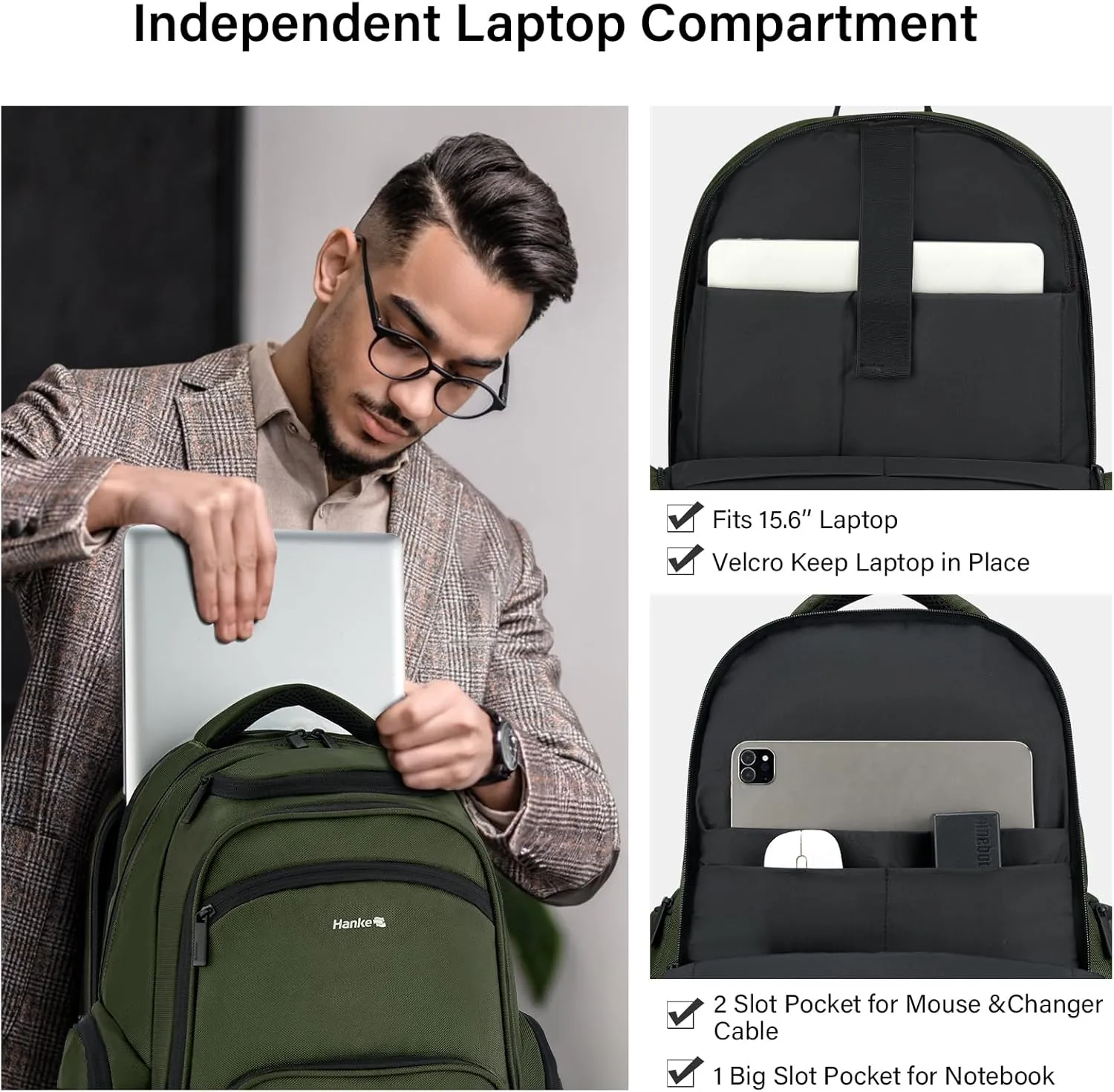 Hanke 18 Inch Travel Laptop Backpack for Women Men, Carry On Bags for Airplanes 18x14x8 Inches Travel Bag Personal Item Backpack with Luggage Strap(Army Green)