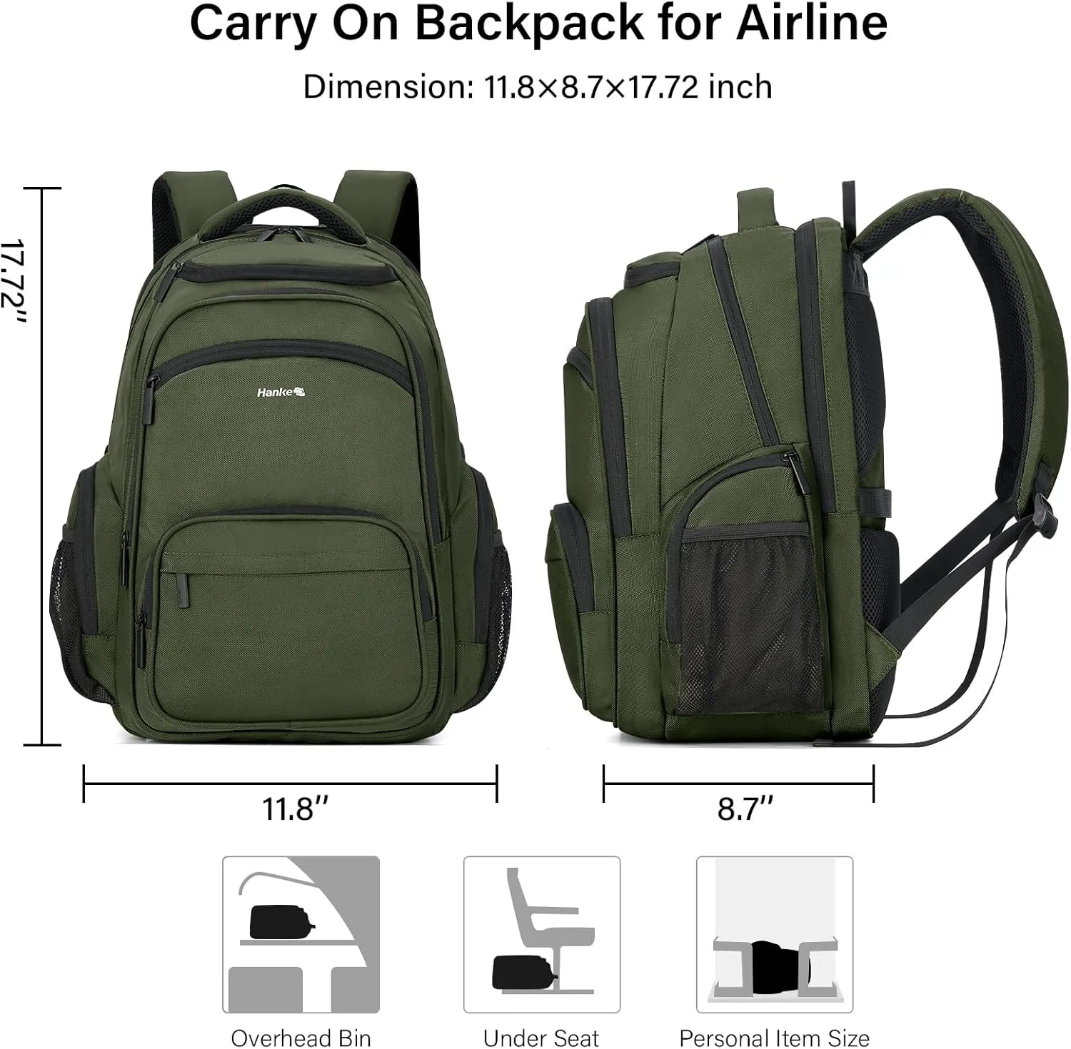 Hanke 18 Inch Travel Laptop Backpack for Women Men, Carry On Bags for Airplanes 18x14x8 Inches Travel Bag Personal Item Backpack with Luggage Strap(Army Green)
