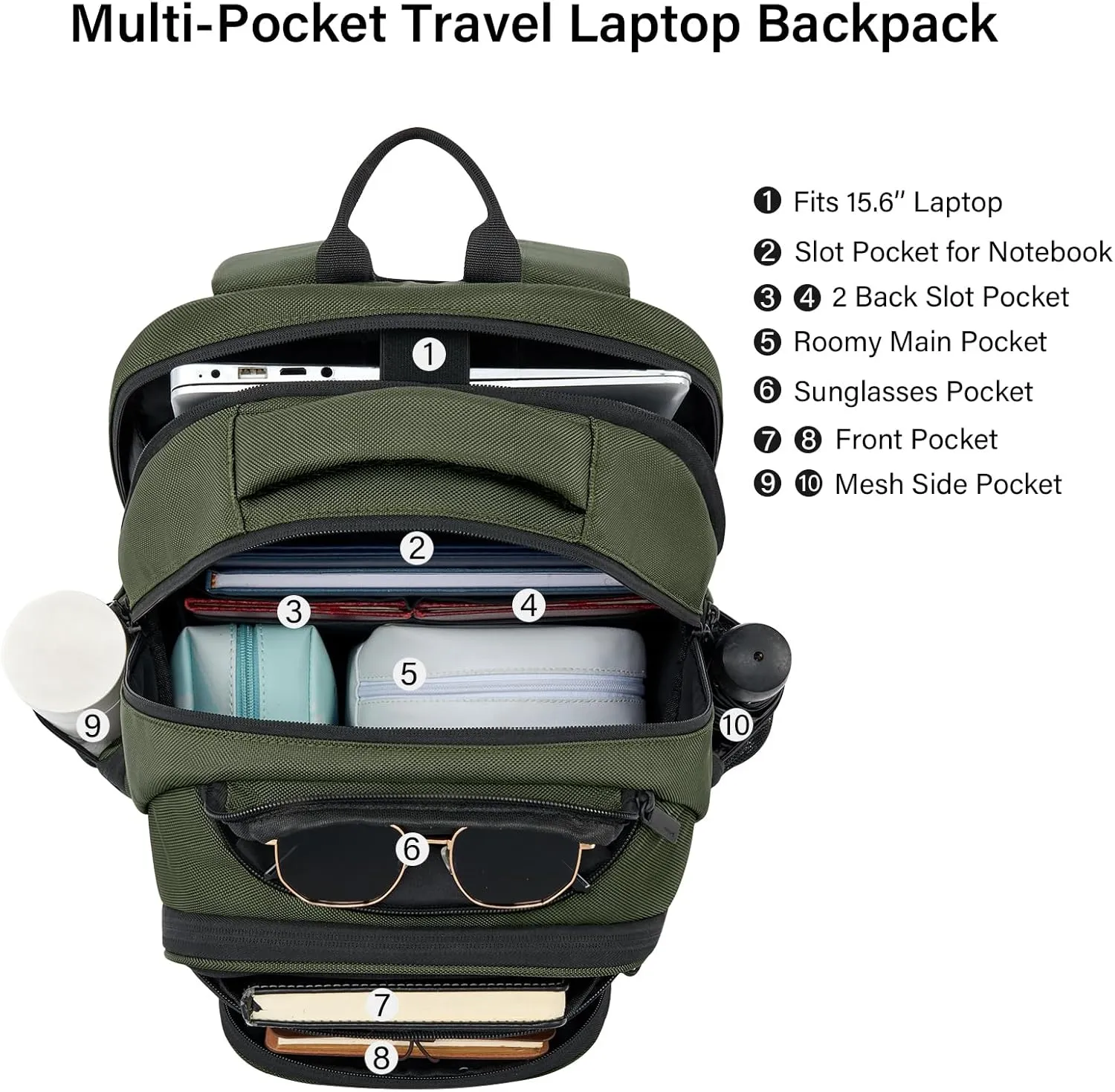 Hanke 18 Inch Travel Laptop Backpack for Women Men, Carry On Bags for Airplanes 18x14x8 Inches Travel Bag Personal Item Backpack with Luggage Strap(Army Green)