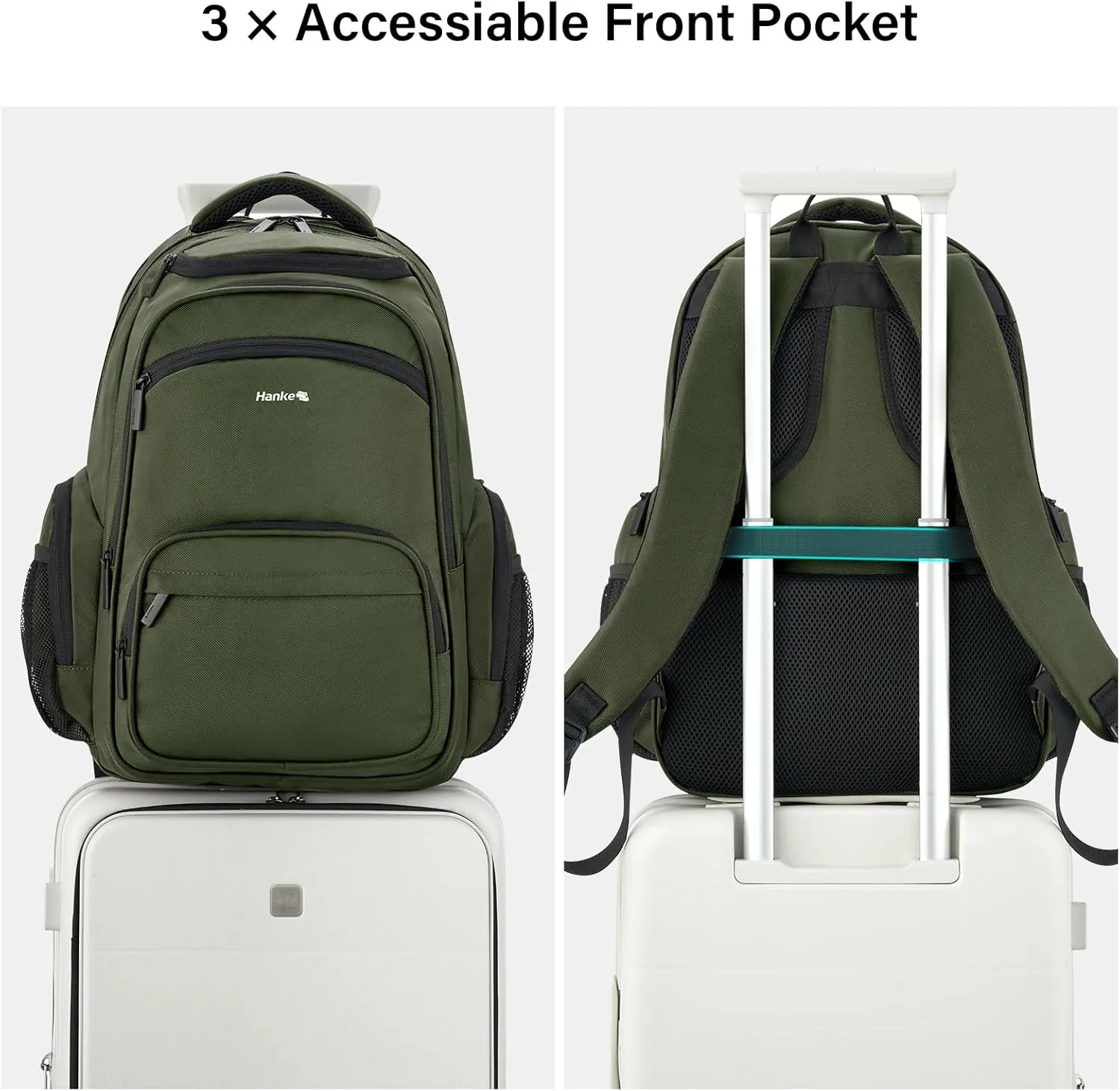 Hanke 18 Inch Travel Laptop Backpack for Women Men, Carry On Bags for Airplanes 18x14x8 Inches Travel Bag Personal Item Backpack with Luggage Strap(Army Green)