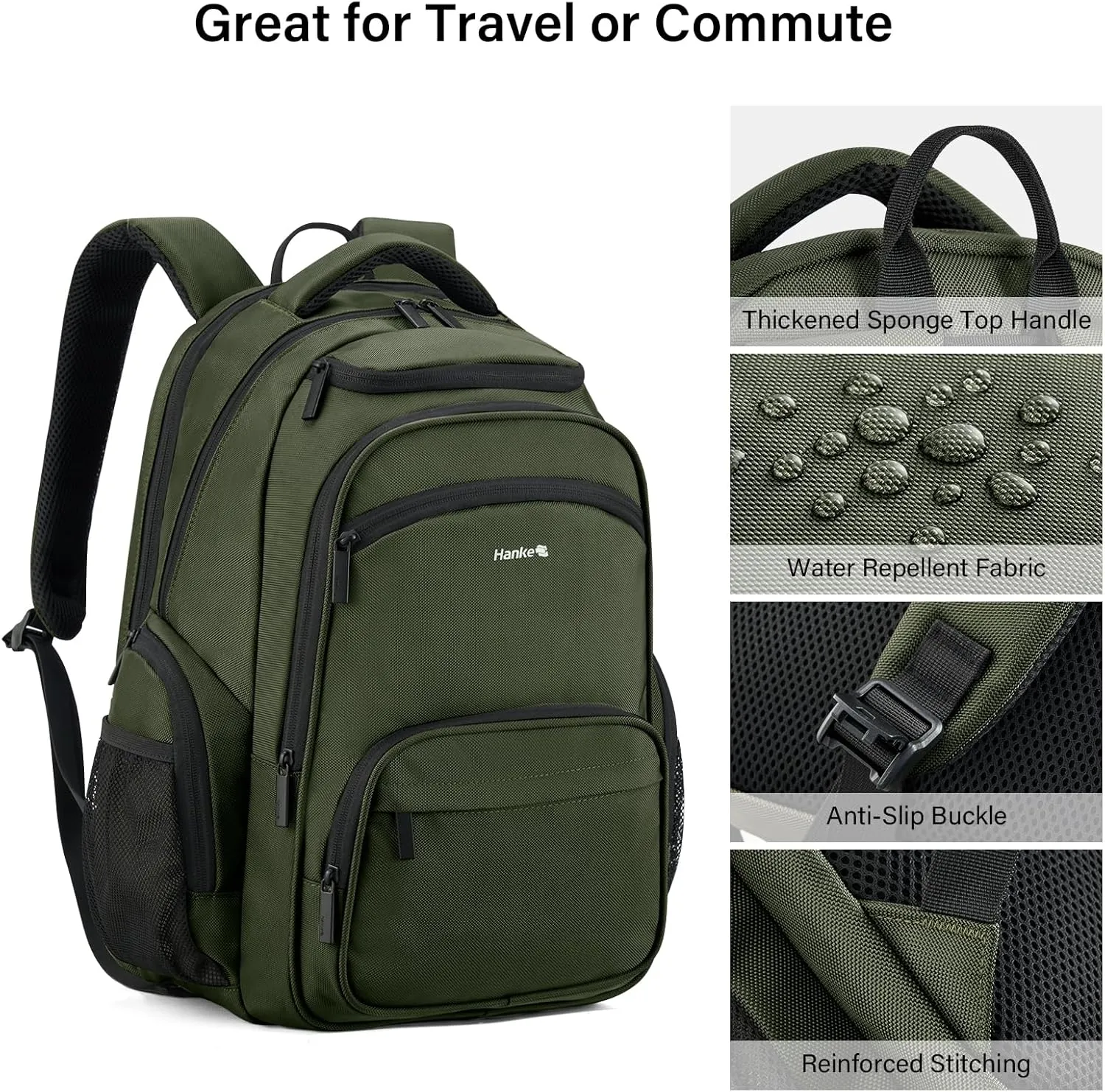 Hanke 18 Inch Travel Laptop Backpack for Women Men, Carry On Bags for Airplanes 18x14x8 Inches Travel Bag Personal Item Backpack with Luggage Strap(Army Green)