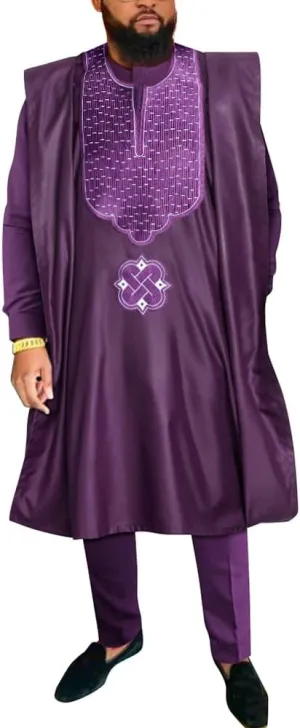 HD African Mens Apparel Agbada Clothing Embroidery Dashiki Shirts and Pants Outfits 3 Pieces