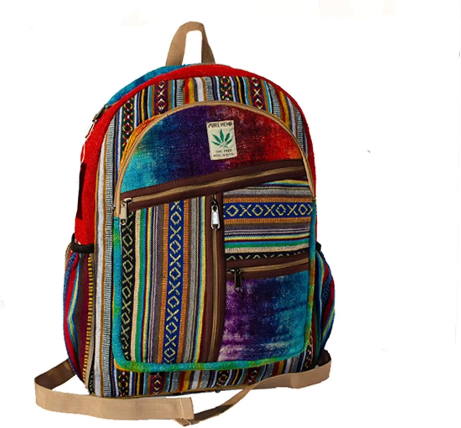 Hemp Backpack | 100% Pure Hemp - All Natural Handmade Multi Pocket Large Laptop Backpack | Travel Backpack - for Women and Men | Laptop Sleeve -Water Bottle Pockets | Boho Hippie - Rainbow