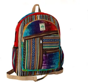 Hemp Backpack | 100% Pure Hemp - All Natural Handmade Multi Pocket Large Laptop Backpack | Travel Backpack - for Women and Men | Laptop Sleeve -Water Bottle Pockets | Boho Hippie - Rainbow