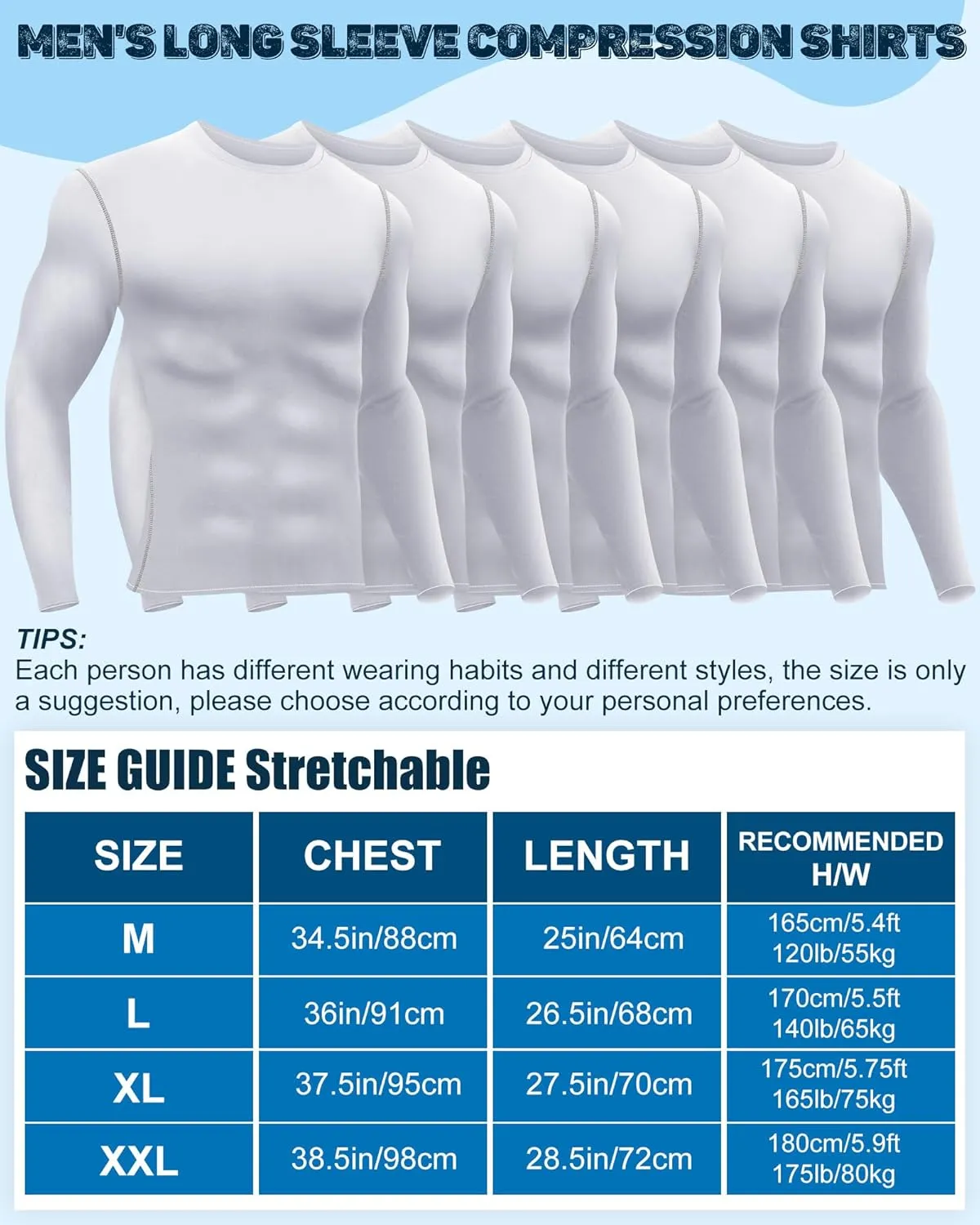 Hicarer 6 Pack Men's Athletic Compression Shirts Long Sleeve Workout Running Undershirt Thermal Sport Base Layer Top