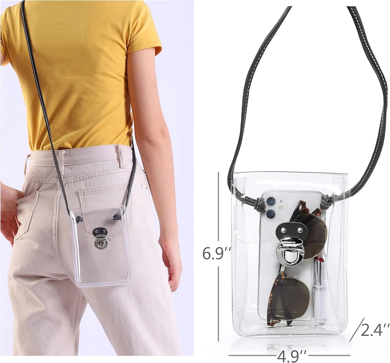 HOXIS Clear PVC Small Crossbody Bag for Stadium Approved Womens Purse Transparent Shoulder Bag Cell Phone Pouch (Black)