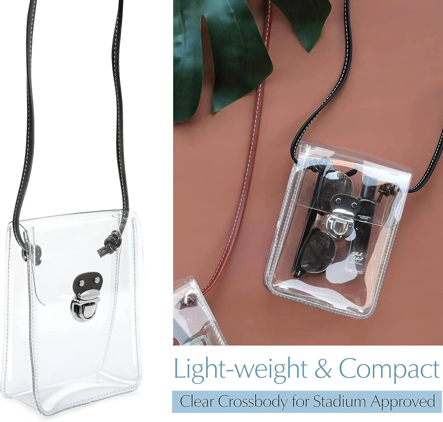 HOXIS Clear PVC Small Crossbody Bag for Stadium Approved Womens Purse Transparent Shoulder Bag Cell Phone Pouch (Black)
