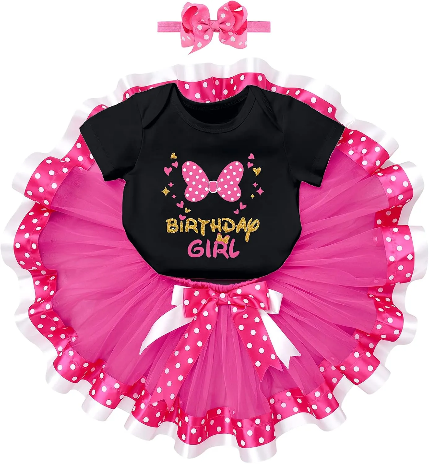IBTOM CASTLE Toddler Birthday Girls Princess Party Outfit Polka Dots Top Shirts Tutu Skirt Set Ears Cake Smash Costume
