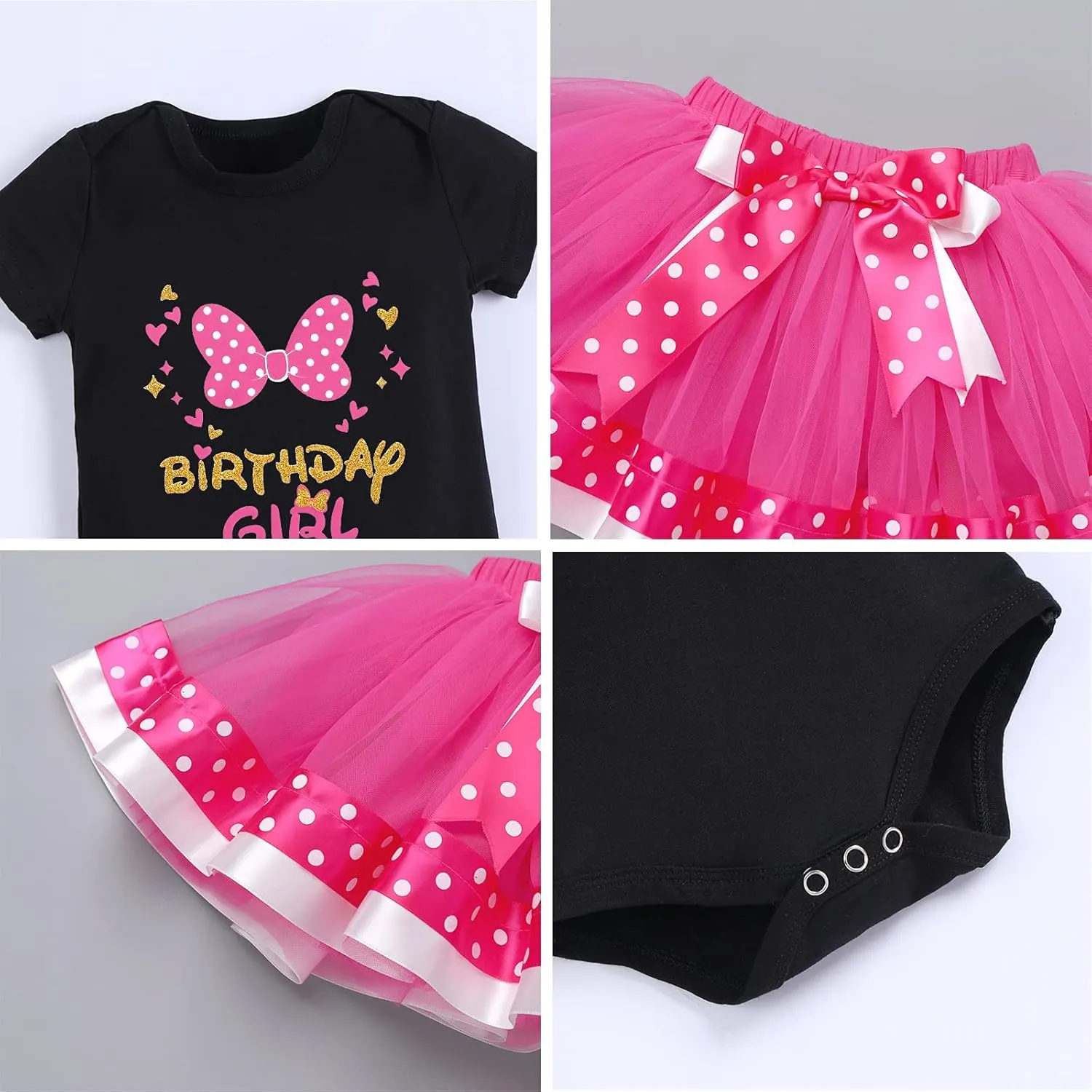 IBTOM CASTLE Toddler Birthday Girls Princess Party Outfit Polka Dots Top Shirts Tutu Skirt Set Ears Cake Smash Costume