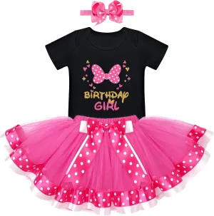 IBTOM CASTLE Toddler Birthday Girls Princess Party Outfit Polka Dots Top Shirts Tutu Skirt Set Ears Cake Smash Costume