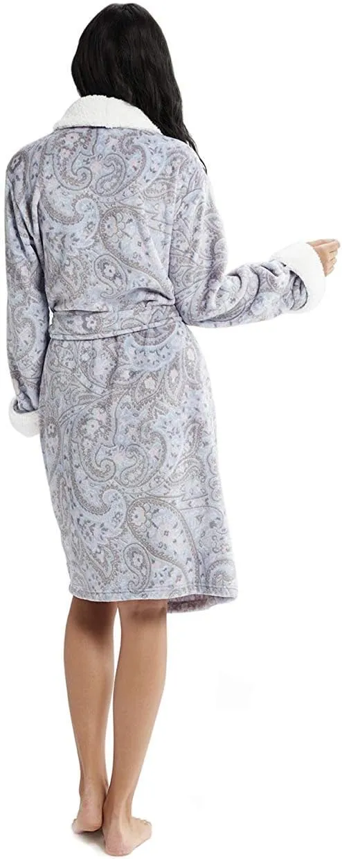 INK IVY Plush Kimono Belted Robe for Women - Mid-Length Ladies Bathrobe Loungewear with Pocket, Collar & Cuff, Printed Paisley Grey, L/XL